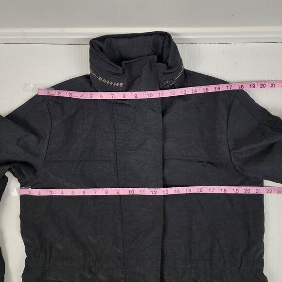 Black Hooded Trench Coat Lightweight Zip up Jacket Windbreaker Roll-tab Sleeve - Picture 7 of 16